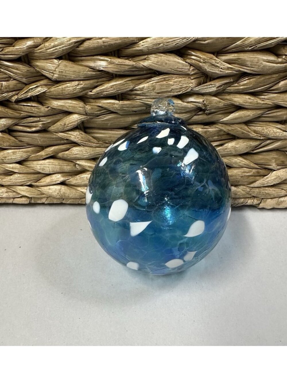 Hand Blown Art Glass Christmas Ornament Blue Glass with White Specks Suncatcher